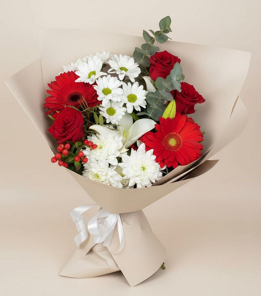 Букет цветов из: Розы, Хризантемы, Герберы и Лилии в Смоленке
