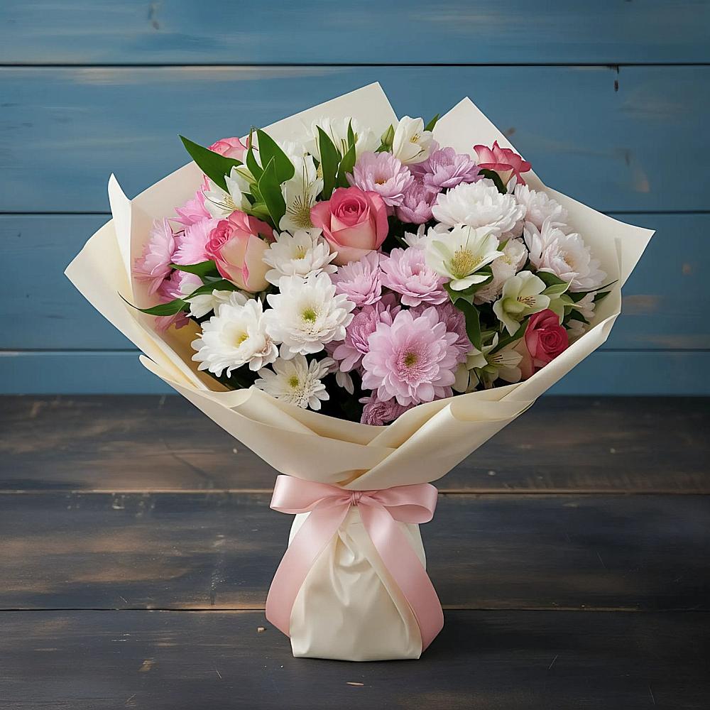 Букет цветов из: Хризантемы, Альстромерии и Розы в Смоленке